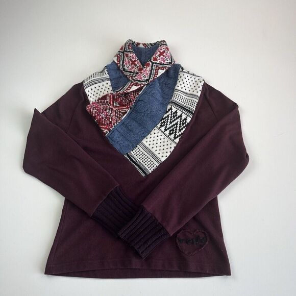 Desigual Patchwork Shawl Neck Pullover Sweater S Burgundy Cottagecore - Picture 12 of 16